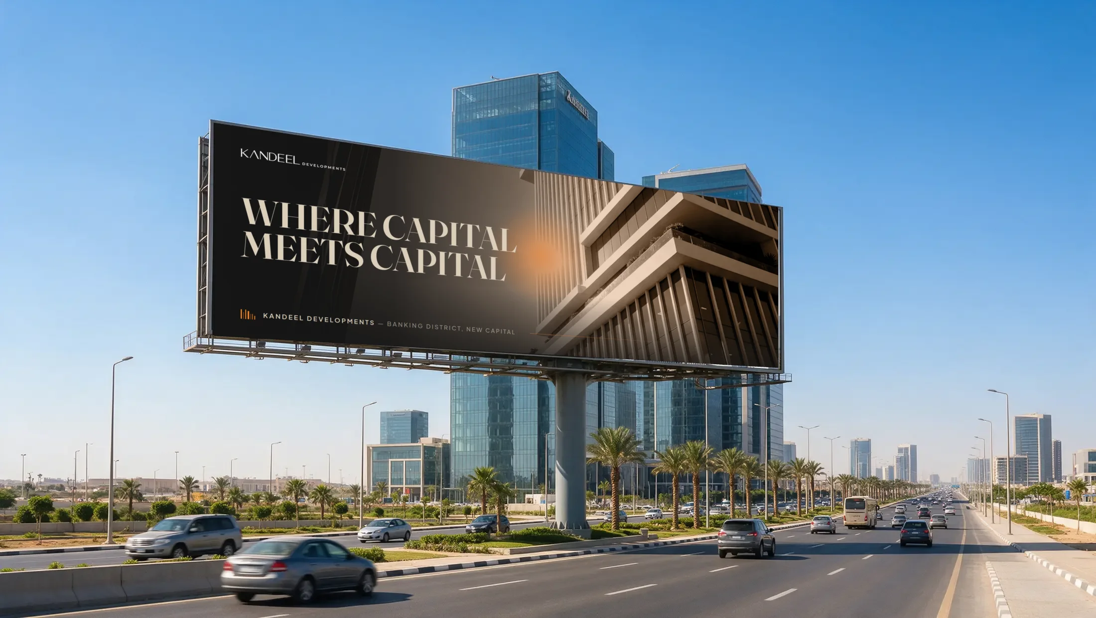Execution A on a roadside billboard beside a New Capital boulevard, with traffic and office towers